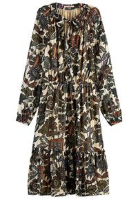 Floral print dress with long sleeves, elastic waist, and ruffled hem. Colors include cream, black, and shades of red and green. Smooth fabric.