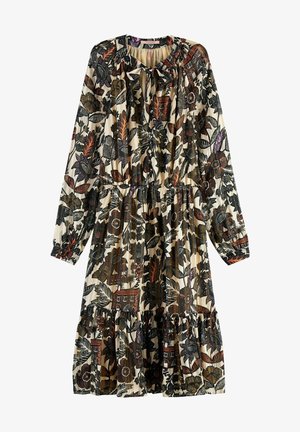 Kukkakuosiset mekko pitkilla hihoilla, joustava vyötärö ja ryppytyshelma. Värit sisältävät kermaa, mustaa sekä punaisen ja vihreän sävyjä. Silkkinen kangas.