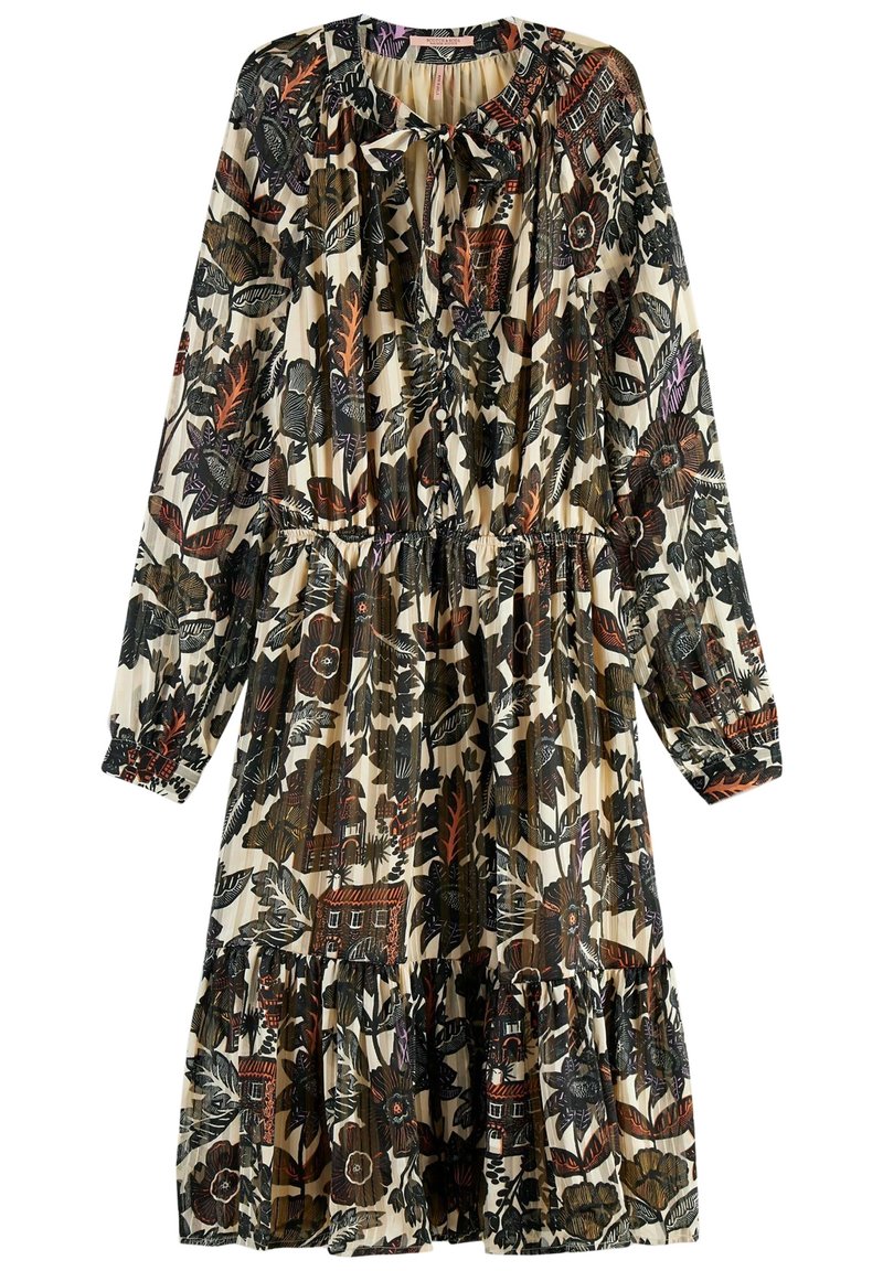 Floral print dress with long sleeves, elastic waist, and ruffled hem. Colors include cream, black, and shades of red and green. Smooth fabric.