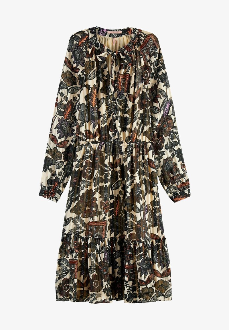 Floral print dress with long sleeves, elastic waist, and ruffled hem. Colors include cream, black, and shades of red and green. Smooth fabric.