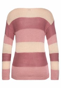Gestrickter Pullover mit langen Ärmeln, der horizontale Streifen in Dunkelrosa, Hellrosa und Cremefarben aufweist. Texturiertes Material mit lockerer Passform.