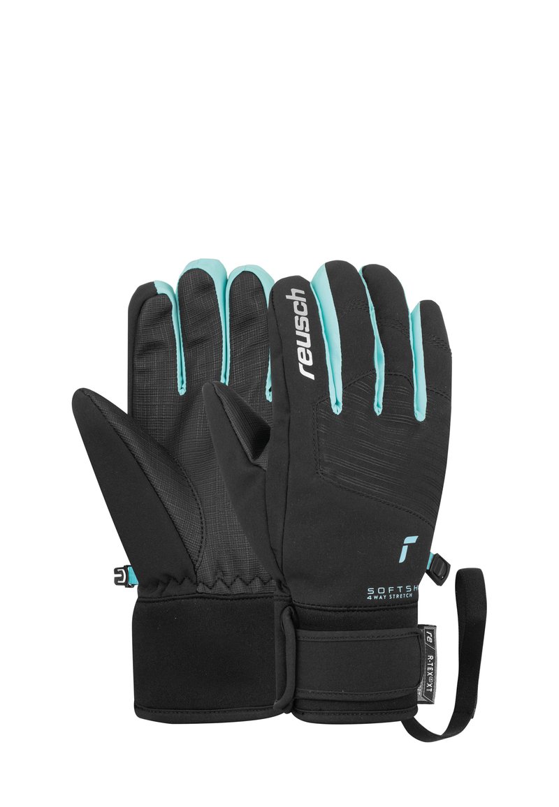 Schwarze Handschuhe mit aquafarbenen Akzenten, ausgestattet mit einer strukturierten Griffigkeit, elastischem Bündchen und verstellbarem Riemen. Hergestellt aus flexiblem Material für zusätzlichen Komfort.