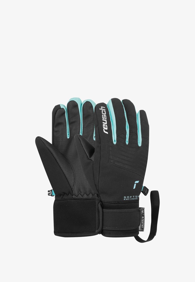 Schwarze Handschuhe mit aquafarbenen Akzenten, ausgestattet mit einer strukturierten Griffigkeit, elastischem Bündchen und verstellbarem Riemen. Hergestellt aus flexiblem Material für zusätzlichen Komfort.