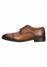 Chaussure habillée en cuir marron avec une finition lisse, bout arrondi et fermeture à lacets à cinq œillets. Semelle en caoutchouc noir solide.