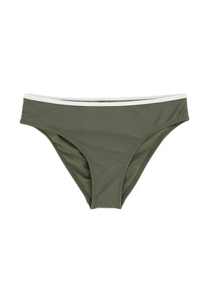 Oliwkowe bikini z białym pasem w talii. Wykonane z gładkiego materiału, charakteryzujące się prostym designem i umiarkowanym zakryciem. Bez wzorów ani akcentów.