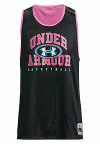 Černá síťová basketbalová dres s růžovými detaily, text "Under Armour Basketball" a bílé a modré logo Under Armour na přední straně.