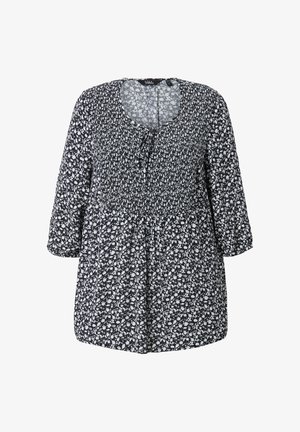 Schwarz-weißes Blumenmuster-Top mit einem gerafften Oberteil, Dreiviertelärmeln und einem runden Ausschnitt mit einer Bindeschleife.