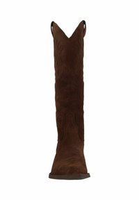 Bruine suède cowboylaars met een puntige neus, hoge schacht en decoratieve stiksels aan de voorkant, met trekriemen aan de bovenkant.