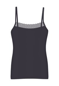 Czarna koszulka na ramiączkach dla kobiet z koronkowym wykończeniem dekoltu oraz cienkimi regulowanymi ramiączkami.