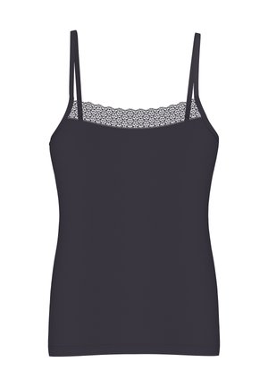 Black women's camisole with lace trim along the neckline and thin adjustable shoulder straps.