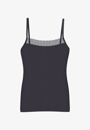 Black women's camisole with lace trim along the neckline and thin adjustable shoulder straps.