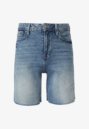 Niebieskie szorty dżinsowe z wyblakłym praniem, design z pięcioma kieszeniami, szlufki na pasek, zapięcie na guzik oraz lekko postrzępione brzegi nogawek.