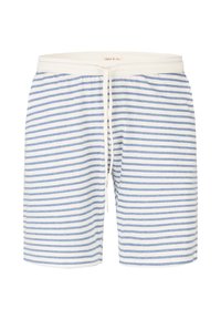 Pantalones cortos de algodón con rayas horizontales en azul y blanco, cintura elástica con cordón y ajuste relajado. Diseño minimalista.