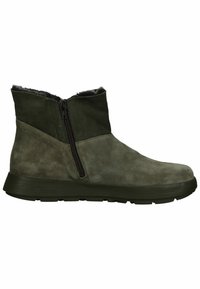 Botte d'hiver mi-hauteur en daim vert foncé avec fermeture éclair latérale et semelle en caoutchouc noir, dotée d'une doublure intérieure douce pour la chaleur et le confort.