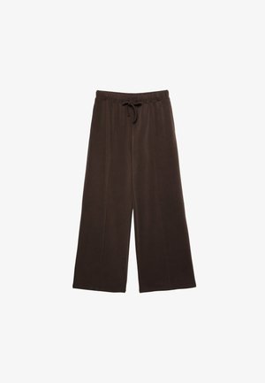 Braune weite Hosen mit einem Kordelzugbund. Aus weichem Stoff gefertigt, mit vertikalen Nähten an der Vorderseite für zusätzliche Details.