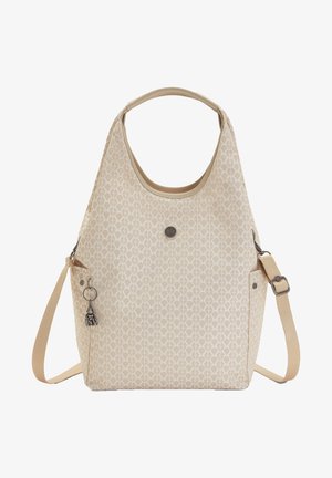 Sac à bandoulière beige à motif avec une texture lisse, doté d'un logo rond, d'un accent en pompon et d'une sangle réglable.