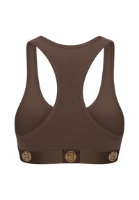 Brun sports-BH med et glatt, elastisk stoff. Racerback-design, brede stropper og et dekorativt elastisk bånd med aksentmønstre.