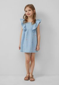 Light blue chambray dress with ruffled sleeves, embroidered floral and fruit patterns, and a flared hem. Paired with tan sandals.