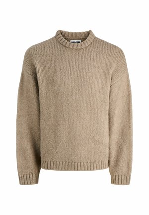 Beige gestrickter Pullover mit Rundhalsausschnitt, geripptem Saum und Bündchen. Verfügt über ein strukturiertes Muster, gefertigt aus einem weichen, dicken Garn.