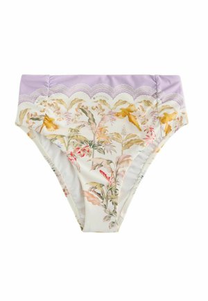 Bikinislip mit hoher Taille, lila gewelltem Bund und Blumen- und Vogeldruck in Pastellfarben auf weißem Hintergrund.