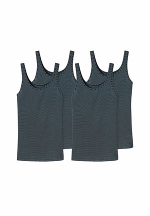 Four sleeveless navy blue tank tops with thin white horizontal stripes arranged in two rows on a white background.