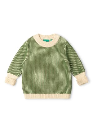 Green ribbed knit sweater with cream-colored cuffs, hem, and round neckline, displayed flat on a white background.