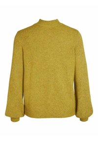 Pull en maille jaune moutarde avec col montant côtelé, manches longues larges et ourlet côtelé.