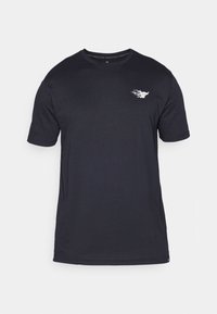 Black short-sleeve t-shirt made of soft fabric. Features a small white graphic design on the left chest. Crew neck with a clean finish.