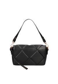 Borsa a tracolla in pelle nera trapuntata con tracolla rimovibile, caratterizzata da un motivo a diamante e dettagli in metallo color oro.