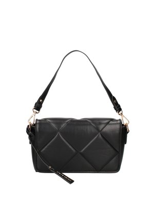 Sac en cuir matelassé noir avec une bandoulière amovible, présentant des motifs diamantés et des accents en métal doré.