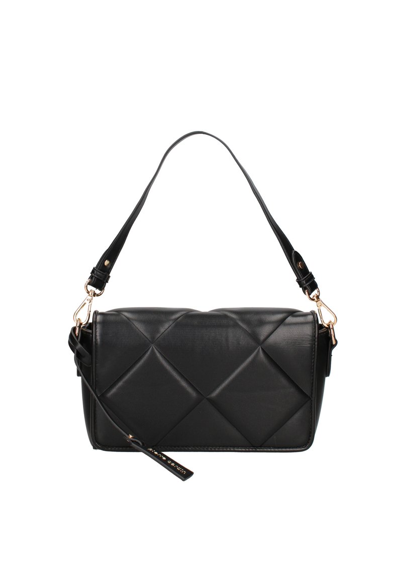 Borsa a tracolla in pelle nera trapuntata con tracolla rimovibile, caratterizzata da un motivo a diamante e dettagli in metallo color oro.