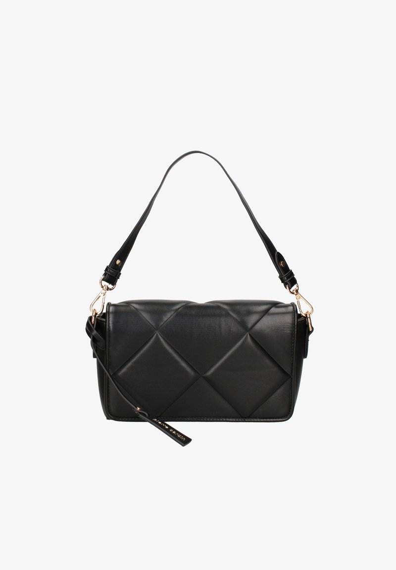 Borsa a tracolla in pelle nera trapuntata con tracolla rimovibile, caratterizzata da un motivo a diamante e dettagli in metallo color oro.