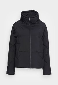 Black puffer jacket with high collar, long sleeves, and front zipper on a plain white background.