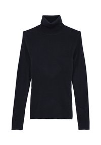 Maglione a collo alto blu navy in tessuto a coste, con maniche lunghe e silhouette aderente, dotato di un collo leggermente arrotolato.