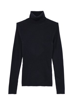Dunkelblaues Rollkragenpullover aus geripptem Material mit langen Ärmeln und taillierter Silhouette sowie einem dezent umgeschlagenen Kragen.