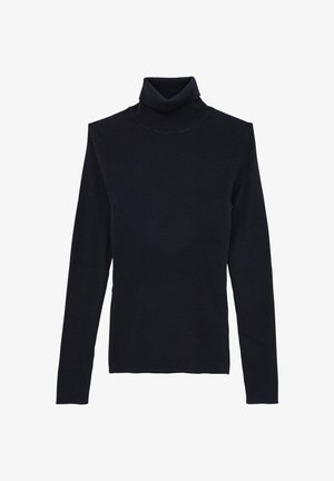 Navy blauwe turtlenecktrui in ribbelstructuur, met lange mouwen en een getailleerd silhouet, voorzien van een subtiel omgeslagen hals.