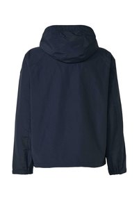 Donkerblauw hooded jack met lange mouwen, elastische manchetten en een effen achterkant, ontworpen voor casual gebruik.