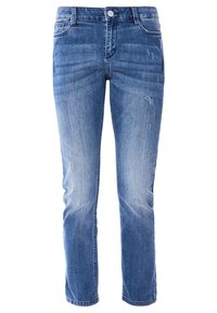 Denimjeans i en medelblå tvätt med slim fit, som har subtila blekningar, lätta slitningar och en standard femfickorsdesign.