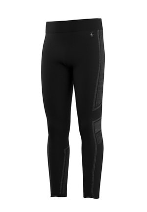 Sorte sømløse leggings med teksturerede paneldetaljer på sider og underben, med bred linning og lille logo nær hoften.