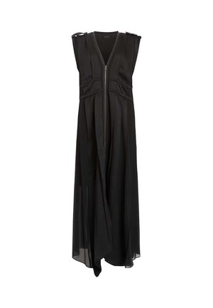 Schwarzes ärmelloses Kleid mit einem Reißverschluss vorne, gerafften Details an der Taille und einem fließenden Rock. Hergestellt aus weichem, leichtem Stoff.
