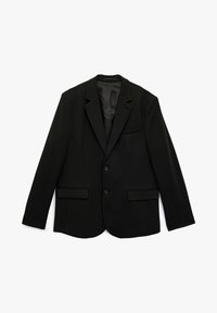 Schwarzer Blazer aus gewebtem Stoff mit Reverskragen, zwei vorderen Taschen, einem Einzelknopfverschluss und einer glatten Innenauskleidung.