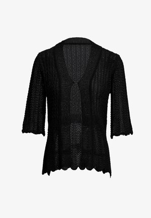Zwarte gebreide cardigan met een V-hals, korte mouwen en een geschulpte zoom. Patroontextuur met een losse, ademende uitstraling.