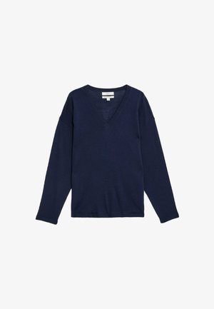 Marineblå langærmet V-hals sweater, lavet af blødt stof med afslappet pasform og ribbet kant. Ingen synlige mønstre eller hardware detaljer.