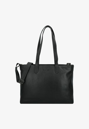 Bolso tote de cuero negro con dos asas largas y una correa ajustable. Textura lisa con un diseño estructurado y tapa con cremallera para el cierre.