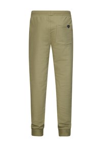 Helle olivgrüne Jogginghosen mit weichem, cottonähnlichem Textil, ausgestattet mit einem elastischen Bund, schmal zulaufenden Bündchen und einer einzelnen Gesäßtasche.