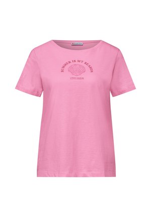 Lyserød T-shirt med korte ærmer og rund hals, med et skalfisk-grafik og teksten "SUMMER IS MY SEASON" og "CÔTE D’AZUR" på brystet.