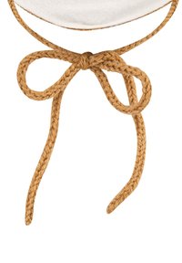 Braided brown rope tie below a white circular fabric piece, emphasizing texture and color contrast in a minimalist design.