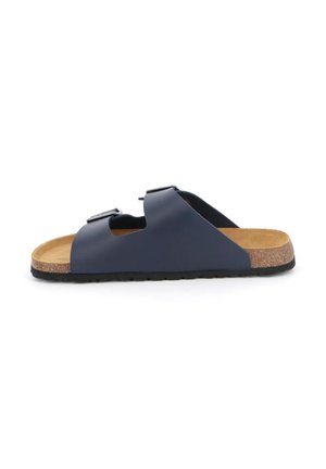 Infradito blu navy con suola in sughero, design open toe, cinturini regolabili e suola in gomma testurizzata per aderenza.