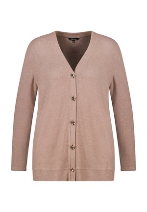 Cardigan beige à manches longues avec un col en V, présentant des boutons dorés en forme de cœur sur le devant et un tissu doux et texturé.