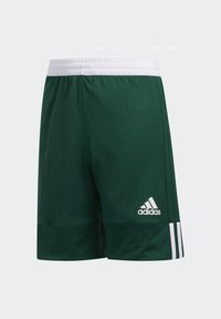 Pantalones cortos deportivos verdes hechos de una tela texturizada. Cuentan con una cintura elástica blanca, un sutil logo de Adidas y tres rayas blancas en los laterales.